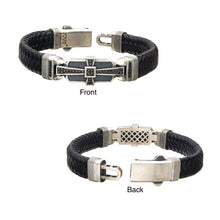 Load image into Gallery viewer, Genuine Sterling Silver with Black Braided Leather and 40pc Black CZ Bracelet