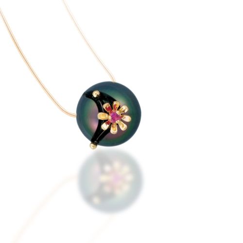 14K Ruby Center Flower on Freshwater Pearl Necklace