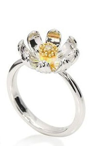 Sterling Silver Daisy with Diamond and 14ky Accents Ring