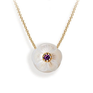 14K Carved Poppy Freshwater Pearl and Amethyst Necklace
