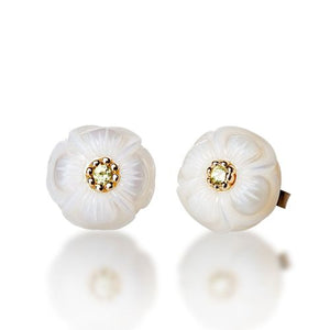 14K Carved Poppy Freshwater Pearl and Peridot Earrings