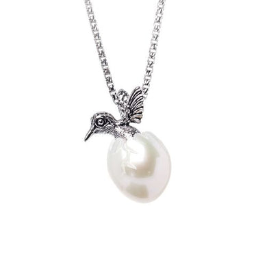 Sterling Silver Hummingbird in Freshwater Pearl Egg Necklace