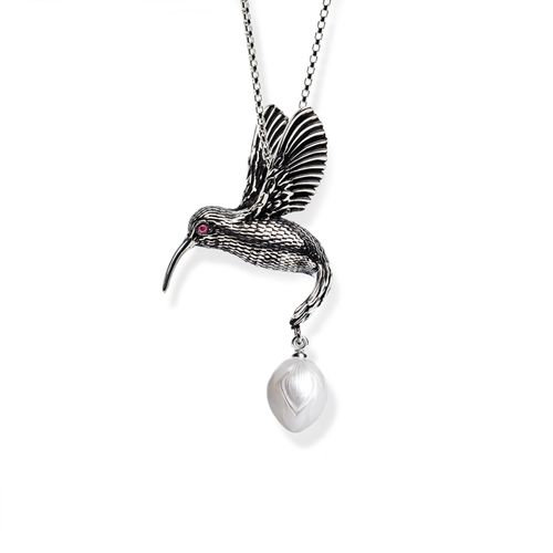 Sterling Silver Hummingbird with Ruby Eyes and Freshwater Pearl
