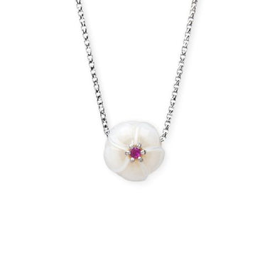 Sterling Silver Plumeria Flower Freshwater Pearl and Ruby Necklace