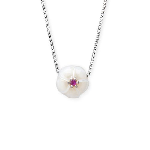 Sterling Silver Plumeria Flower Freshwater Pearl and Ruby Necklace