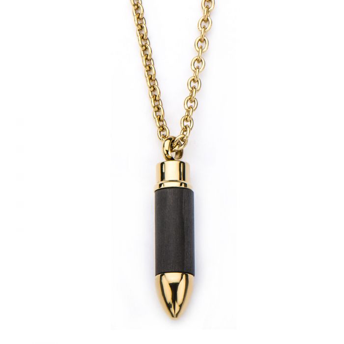 Stainless Steel Gold IP & Carbon Graphite Bullet Pendant with 22 Chain