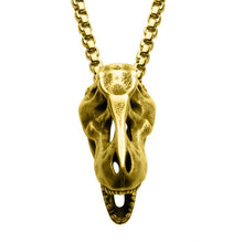 Load image into Gallery viewer, Distressed Matte 18Kt Gold IP T-Rex Skull Pendant with Chain