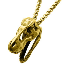 Load image into Gallery viewer, Distressed Matte 18Kt Gold IP T-Rex Skull Pendant with Chain
