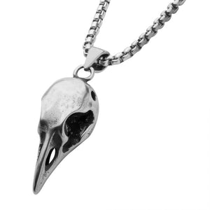 Distressed Matte Steel Crow Skull Pendant with Chain