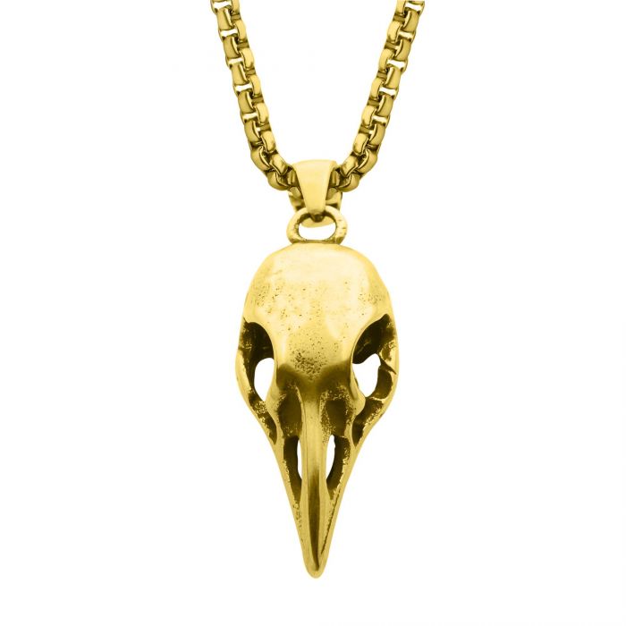 Distressed Matte 18Kt Gold IP Crow Skull Pendant with Chain