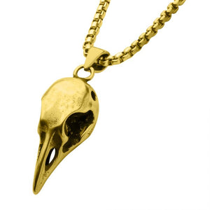 Distressed Matte 18Kt Gold IP Crow Skull Pendant with Chain