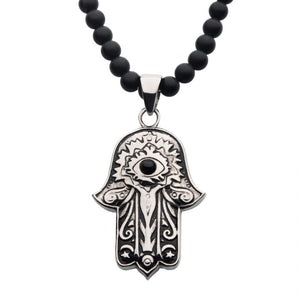 Stainless Steel with Centerpiece Black Agate Stone Hamsa Pendant, with Black Agate Stone Bead Necklace