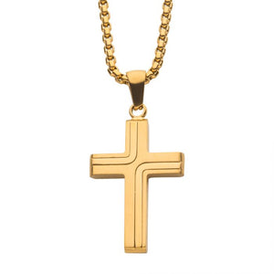18K Gold IP Cross Drop Pendant with Round Box Chain