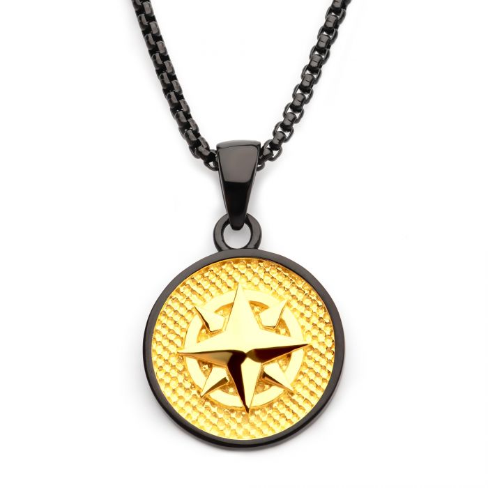 18Kt Gold IP Wayfinder Compass Medallion Pendant with Black IP Box Chain