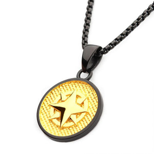 18Kt Gold IP Wayfinder Compass Medallion Pendant with Black IP Box Chain