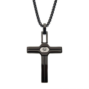 Steel Black Plated with Black CZ Cross Pendant with Black Rolo Chain