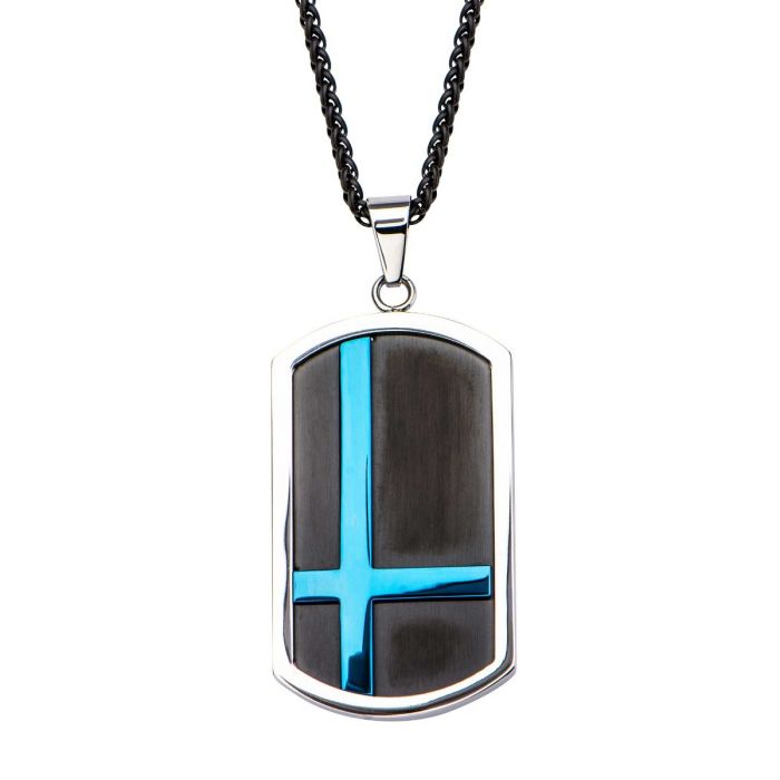 Thin Blue Plated Line in Black Plated Dog Tag Pendant with Matte Black Round Wheat Chain