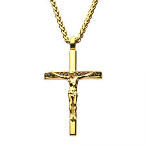 Stainless Steel Gold Plated with Black CZ Jesus Christ Crucifix Cross Pendant with Wheat Chain