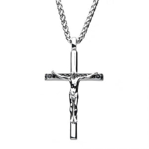 Stainless Steel with Black CZ Jesus Christ Crucifix Cross Pendant with Wheat Chain
