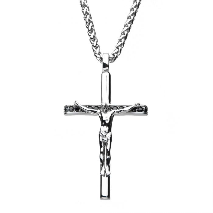 Stainless Steel with Black CZ Jesus Christ Crucifix Cross Pendant with Wheat Chain