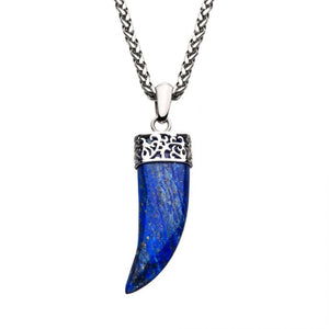 Stainless Steel with Lapis Lazuli Stone Horn Pendant, with Steel Wheat Chain