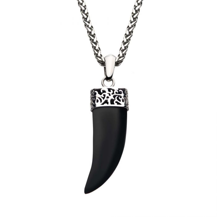 Stainless Steel with Black Agate Stone Horn Pendant, with Steel Wheat Chain
