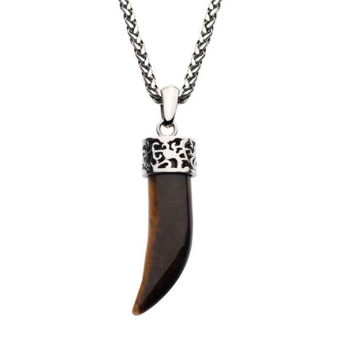 Stainless Steel with Tiger Eye Stone Horn Pendant, with Steel Wheat Chain