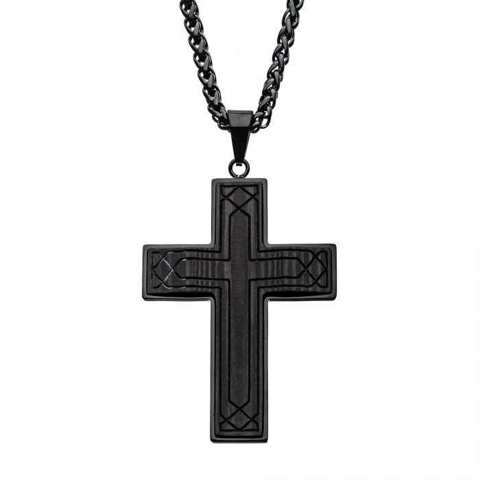 Stainless Steel Black Carbon Fiber Carved Cross Pendant with Black Spiga Chain