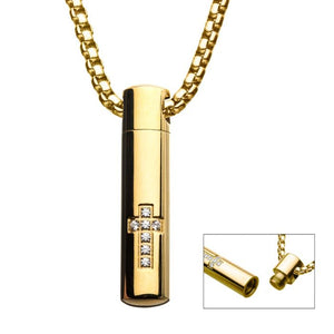 Stainless Steel & Gold IP Stash Cross Pendant with Clear CZ & Gold IP Box Chain