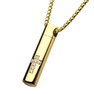 Stainless Steel & Gold IP Stash Cross Pendant with Clear CZ & Gold IP Box Chain