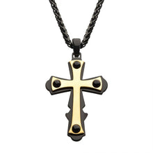 Load image into Gallery viewer, 18K Gold IP with Black Cross Pendant, with Black IP Wheat Chain