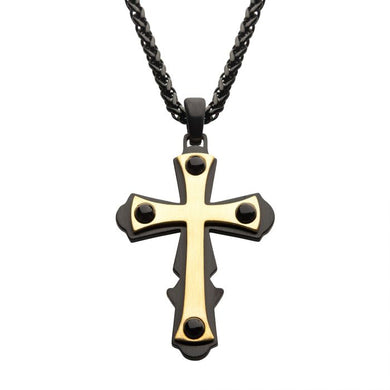 18K Gold IP with Black Cross Pendant, with Black IP Wheat Chain