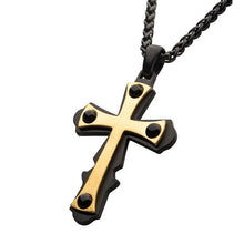 Load image into Gallery viewer, 18K Gold IP with Black Cross Pendant, with Black IP Wheat Chain