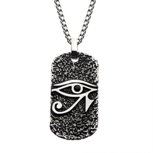 Black Oxidized Stainless Steel with Black CZ Eye of Horus Dog Tag Pendant, with Steel Box Chain