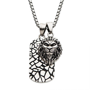 Stainless Steel with 3D Lion Head Dog Tag Pendant, with Antique Silver Plated Chain