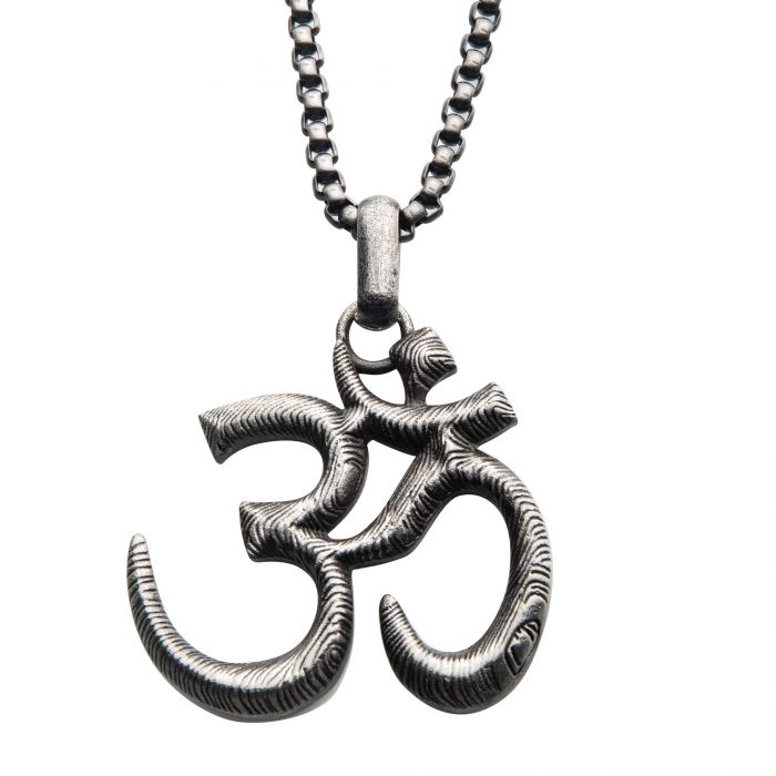 Stainless Steel with Antique Finish OM Symbol Pendant, with Steel Box Chain