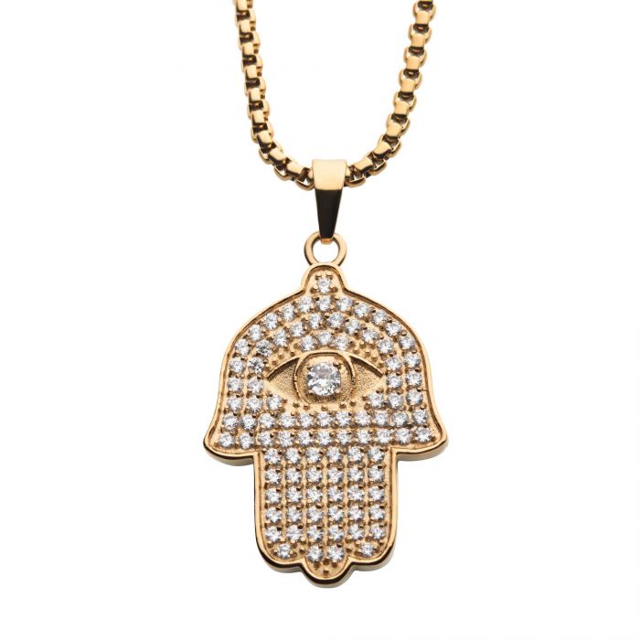 18K Gold Plated with 94pcs CNC Prong Set Clear CZ Hamsa Pendant, with Gold Plated Box Chain
