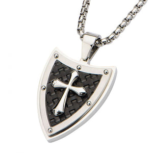 Shield & Cross with Black Plated Pattern Pendant with Chain