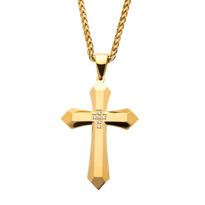 Gold Plated Cross with 6pcs CNC Prong Set Clear CZ Pendant with Gold Plated Wheat Chain