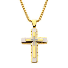 Load image into Gallery viewer, 18K Gold IP Layered Cross Pendant with CNC Set Clear CZ, with Box Chain