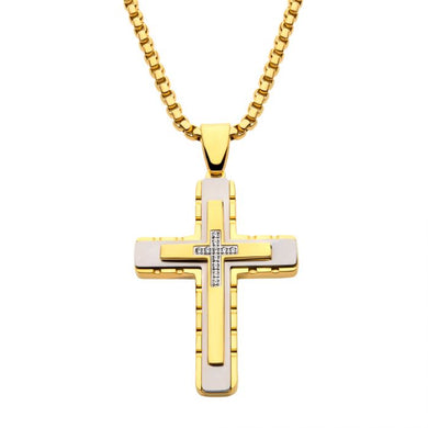 18K Gold IP Layered Cross Pendant with CNC Set Clear CZ, with Box Chain