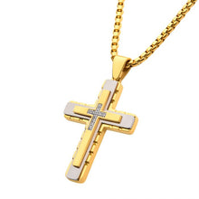 Load image into Gallery viewer, 18K Gold IP Layered Cross Pendant with CNC Set Clear CZ, with Box Chain