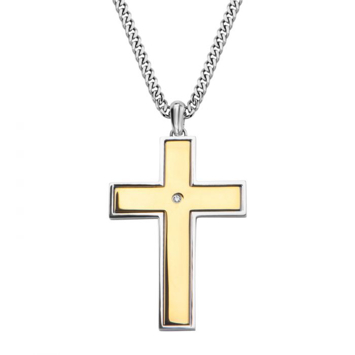 Gold IP Lord's Prayer & Spinner Cross Two Tone Pendant