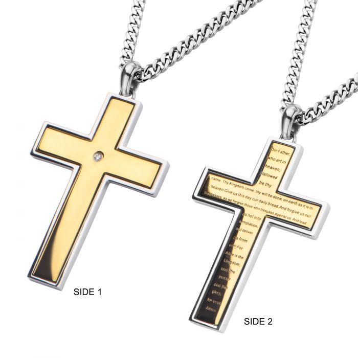 Gold IP Lord's Prayer & Spinner Cross Two Tone Pendant