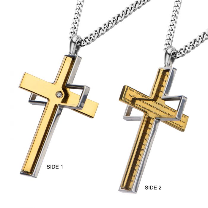 Gold IP Lord's Prayer & Spinner Cross Two Tone Pendant