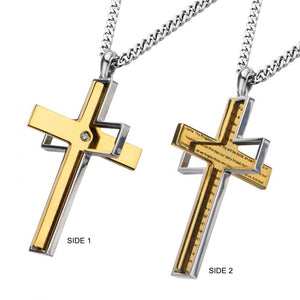 Gold IP Lord's Prayer & Spinner Cross Two Tone Pendant with Chain