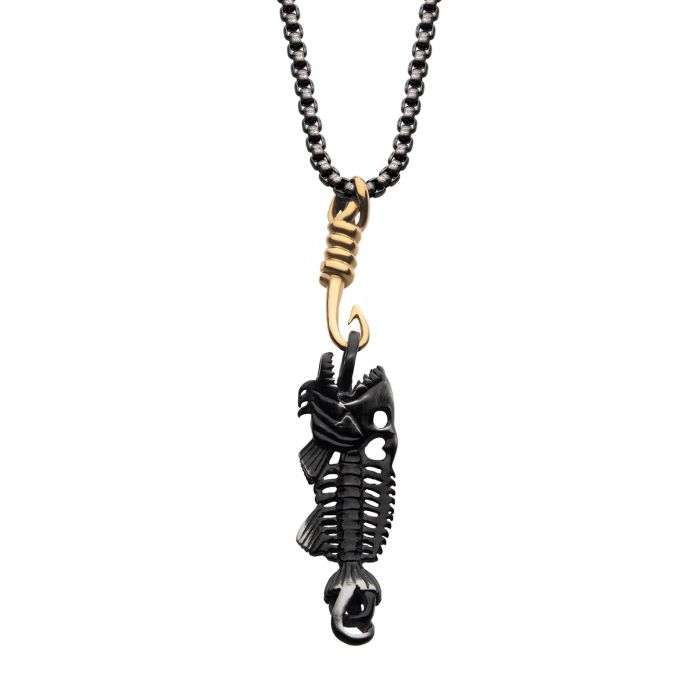 Black Plated Fishbone Pendant on a Polished Gold Plated Hook with Black Plated Box Chain