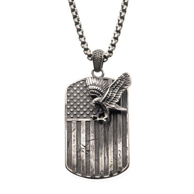 Gun Metal Plated Rugged American Flag with Polished Steel 3D Eagle Pendant with Box Chain